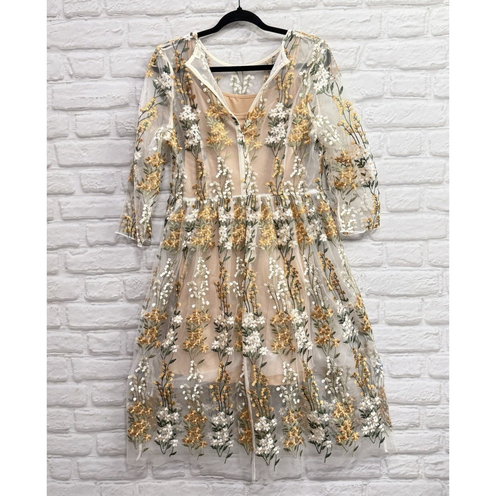 Vtg Metisu Embroidered Dress Sz XL Beige Floral Fairy Cottage Core Boho Feminine - Picture 7 of 16